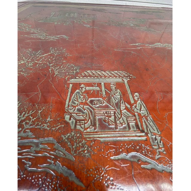 VIntage Chinoiserie Incised Game Table or Dining Table With High Back Carved Chairs - Set of 5 For Sale In Savannah - Image 6 of 12