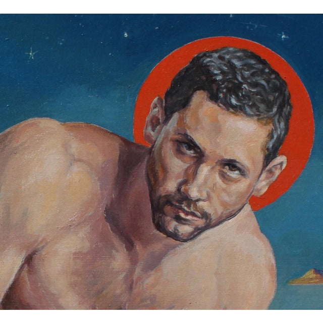 Figurative Blake of Night by John Tarantola | Oil on panel of a nude male figure with a halo For Sale - Image 3 of 4