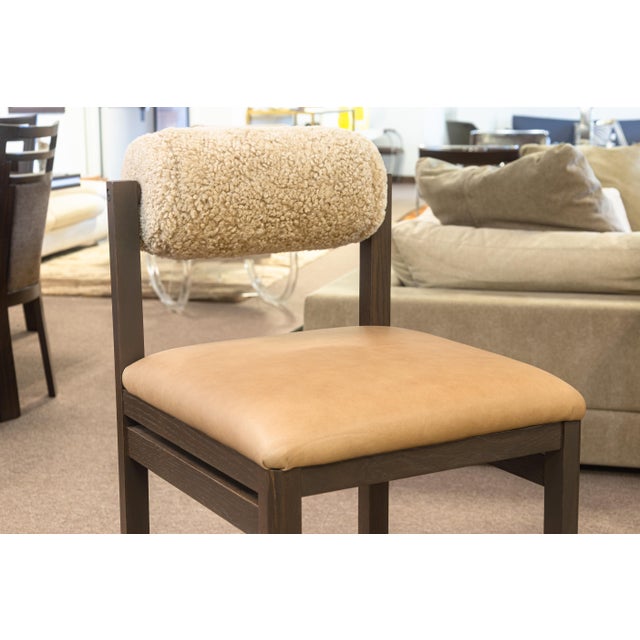 Set of 4 Thayer Barstools by Maiden Home Dark Oak Wood Leather & Shearling Seats For Sale In Detroit - Image 6 of 11