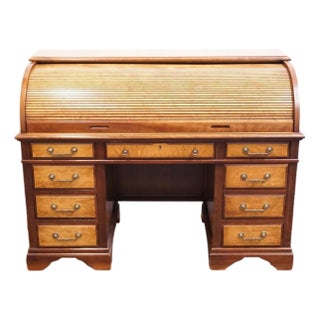 Jasper Cabinet Solid Mahogany & Elm Burl Traditional Regency Inspired 54" Roll Top Desk For Sale