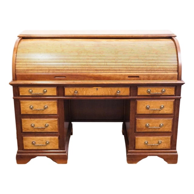 Jasper Cabinet Solid Mahogany & Elm Burl Traditional Regency Inspired 54" Roll Top Desk For Sale