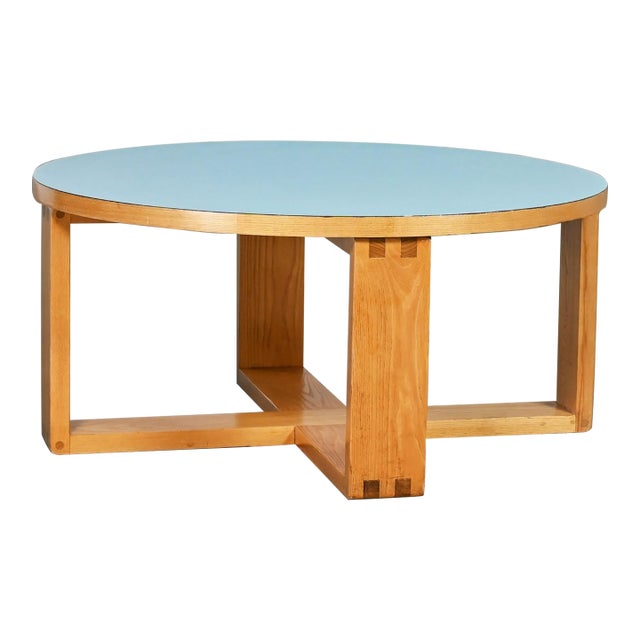 Late 20th Century Modern Coffee Table With Light Oak Frame & Blue Laminate Top For Sale