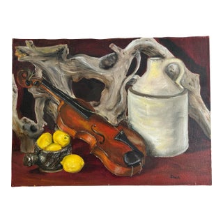 Vintage Impressionist Still Life Oil Painting of Violin Stoneware and Lemons For Sale