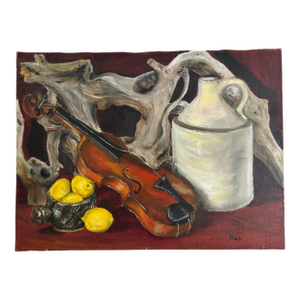 Vintage Impressionist Still Life Oil Painting of Violin Stoneware and Lemons