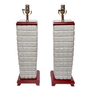 1980s Asian Gray Ceramic Chinese Pedestal Table Lamps - a Pair For Sale