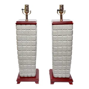 1980s Asian Gray Ceramic Chinese Pedestal Table Lamps - a Pair