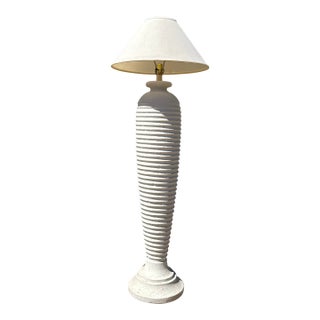Vintage 1980s Postmodern White 1980s White Plaster Textured Ribbed Floor Lamp With Original Lamp Shade For Sale