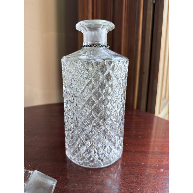 Glass Mid 20th Century Mid Century Modern Diamond Cut Crystal Decanter With Silver Tag Stopper For Sale - Image 7 of 11