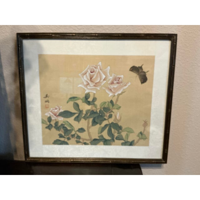 Beautiful Framed East Asian Botanical and Butterfly Painting For Sale - Image 4 of 12