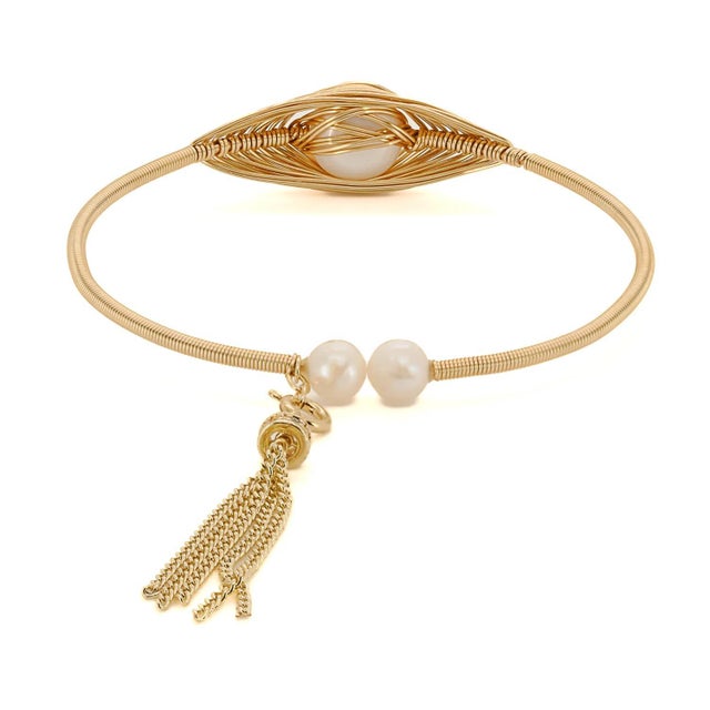 Cleopatra Gold & Pearl Tassel Cuff Bracelet For Sale In Miami - Image 6 of 9