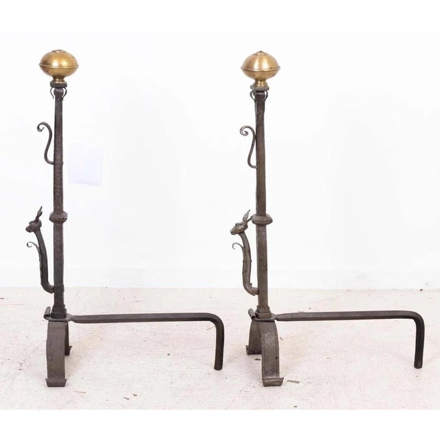 Arts & Crafts Arts & Crafts Samuel Yellin Style Wrought Iron and Brass Gargoyle Andirons For Sale - Image 3 of 7