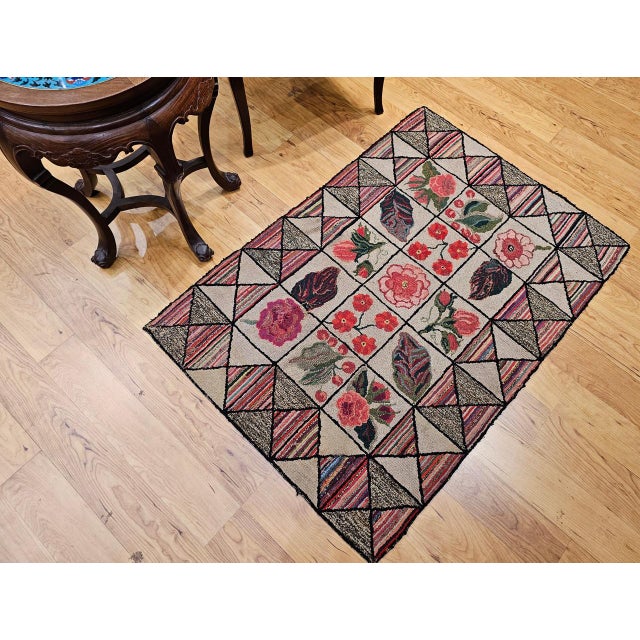 Vintage American Hand Hooked Rug, Block Design, Folk Art Tapestry, 2x3 For Sale - Image 12 of 12