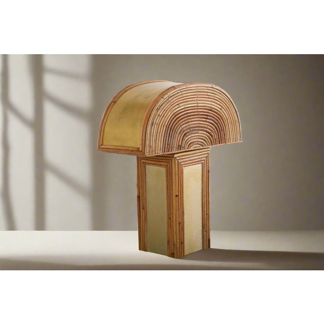 Mid-Century Modern Vista Rattan Table Lamp With Brass Shade Top For Sale - Image 3 of 8