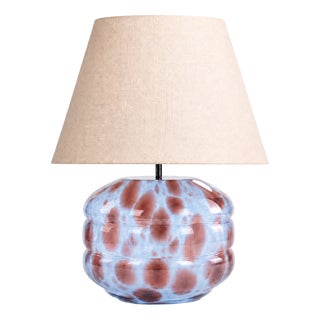 Hand-Blown Glass Table Lamp with Linen Shade in Azure Speckled by Svitanok For Sale
