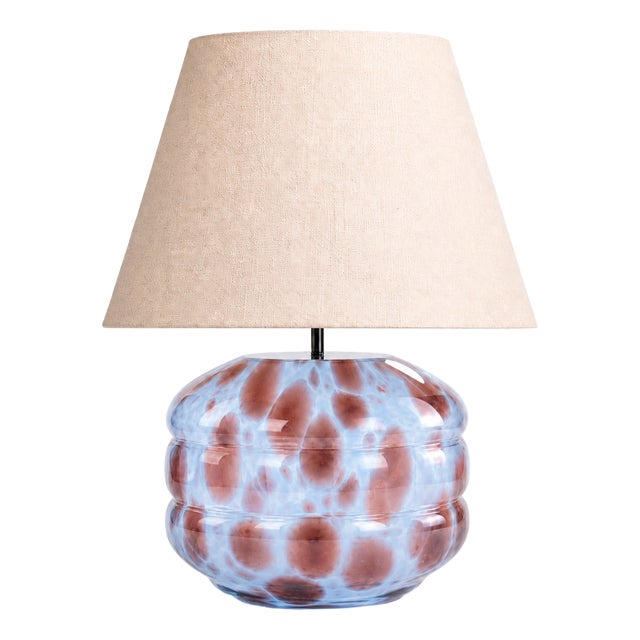 Hand-Blown Glass Table Lamp with Linen Shade in Azure Speckled by Svitanok For Sale