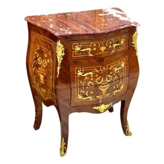 French-Style Marquetry Nightstand – Three Spacious Drawers, Gold Leaf Details & Marble Top For Sale