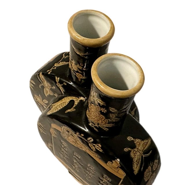 1980s Rare Vintage 80s Andrea by Sadek Famille Noire Chopstick Double Round Vase - Chinoiserie For Sale - Image 5 of 6
