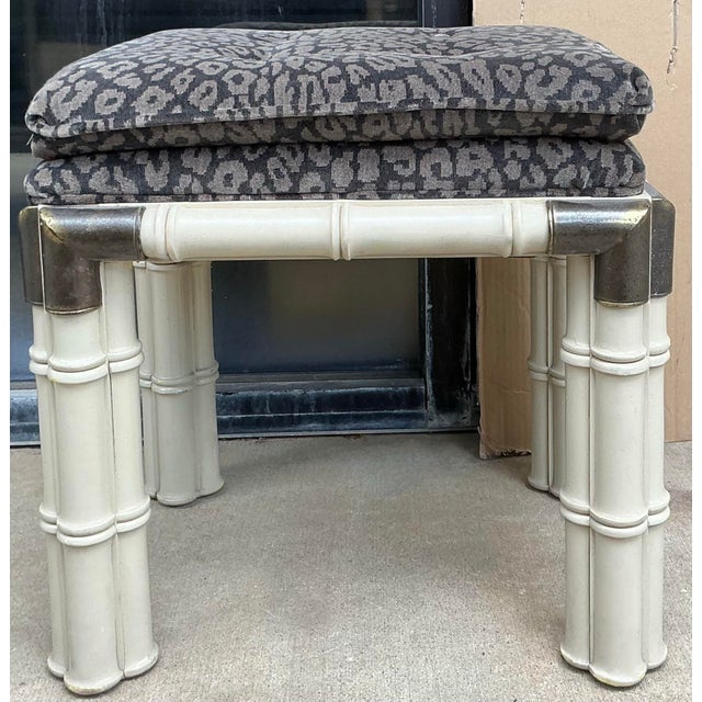 Hollywood Regency Faux Bamboo Leopard Velvet Ottomans / Stools / Benches - Pair For Sale - Image 4 of 7