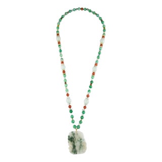 Late 20th Century 18k / 14k Yellow Gold Jadeite Bead Pendant Necklace For Sale