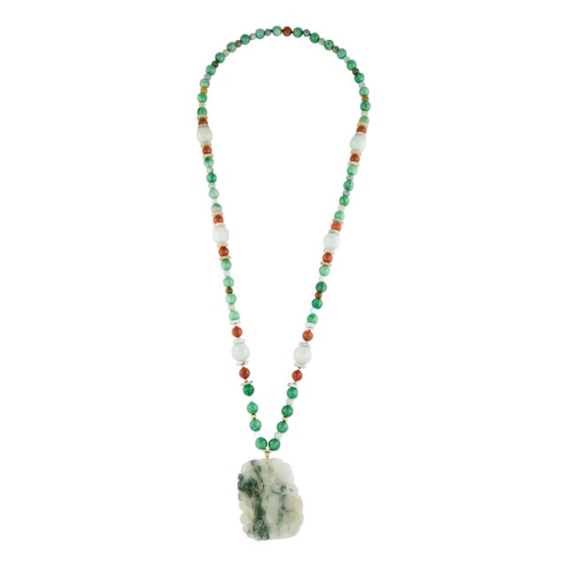 Late 20th Century 18k / 14k Yellow Gold Jadeite Bead Pendant Necklace For Sale