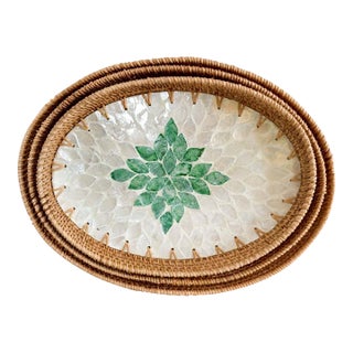Set of 3 Oval Handmade Rattan Mother of Pearl Inlaid Trays With Green Floral Pattern For Sale