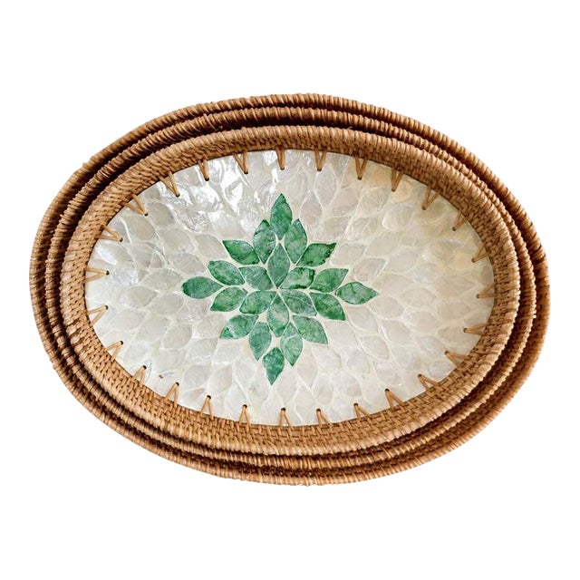 Set of 3 Oval Handmade Rattan Mother of Pearl Inlaid Trays With Green Floral Pattern For Sale