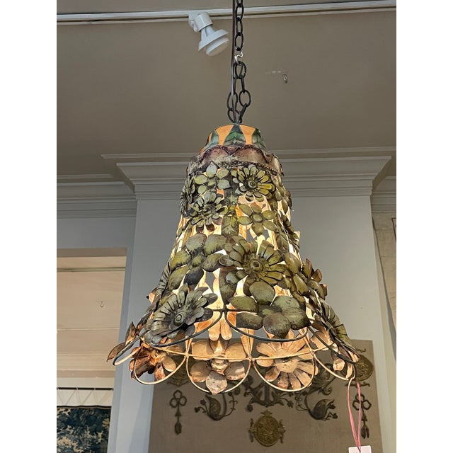 Metal 1970s Tole Flower Pendant Light For Sale - Image 7 of 8