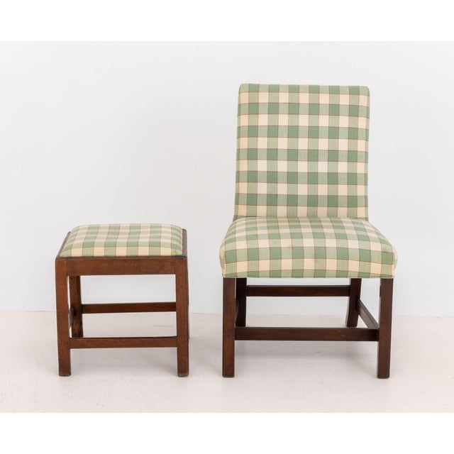 Sage Green and Off-White Checkerboard Linen Upholstered Wood Slipper Chair and Ottoman For Sale - Image 4 of 12