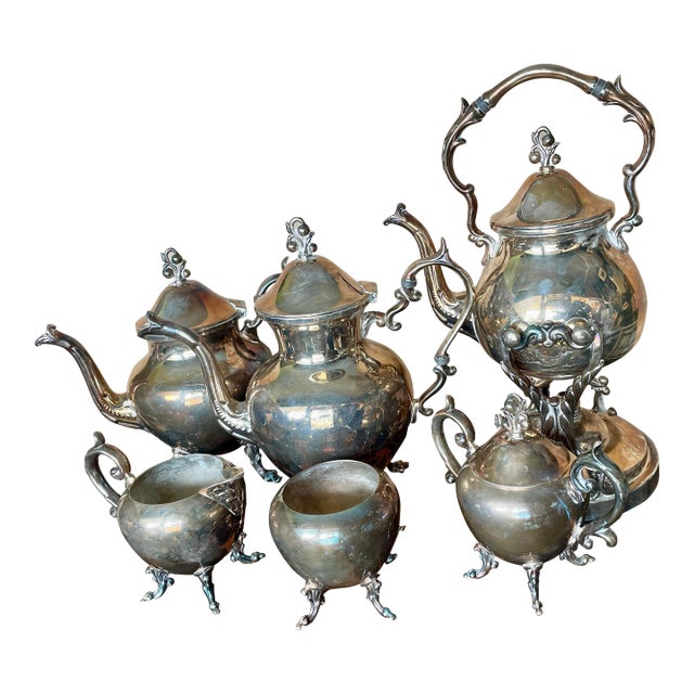 Mid 20th Century Birmingham Silver Co Silver Plate Tea Set Coffee Service Kettle on Stand Teapot - 6 pcs For Sale