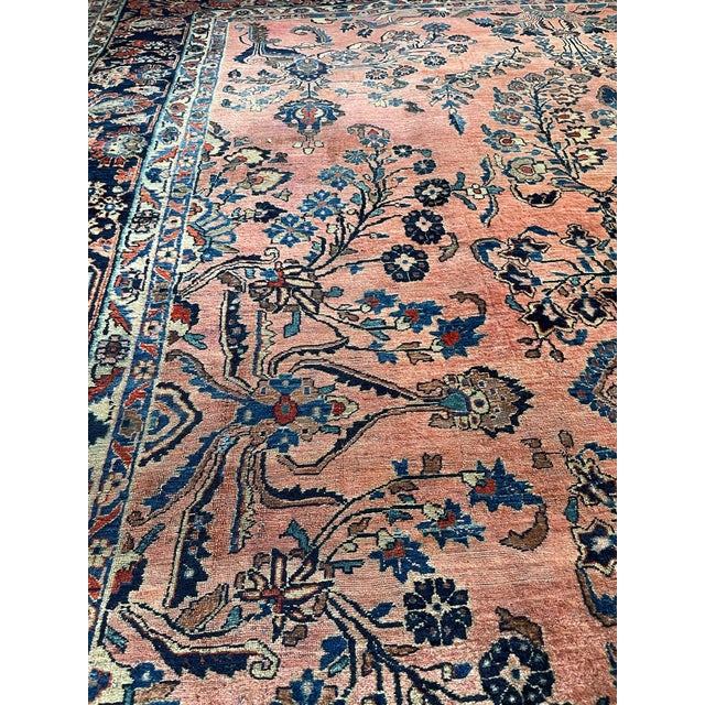 Antique Botanical Sarouk GEM Salmon, Coral, Pink & Peacock Blue Rug 10.3 x 13.4 For Sale - Image 13 of 14