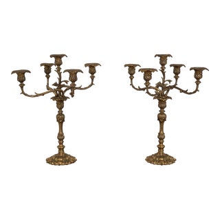 Pair Quality 5 Arm Brass or Bronze French Candelabras For Sale