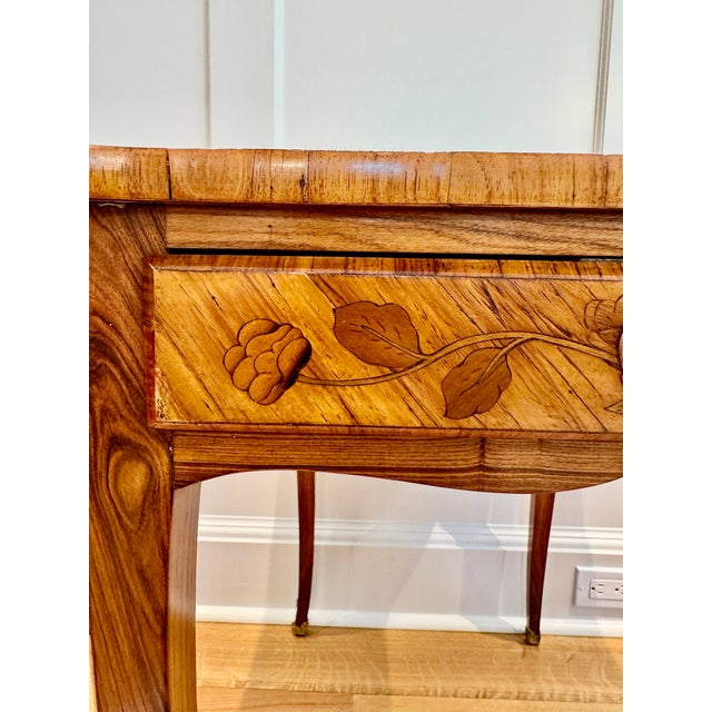 Antique French Louis XV Style Tulipwood Marquetry Writing Table or Side Table With Leather Top For Sale In New York - Image 6 of 18