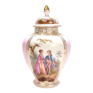 Antique Dresden Porcelain Pink Ground Lidded Urn or Covered Vase For Sale