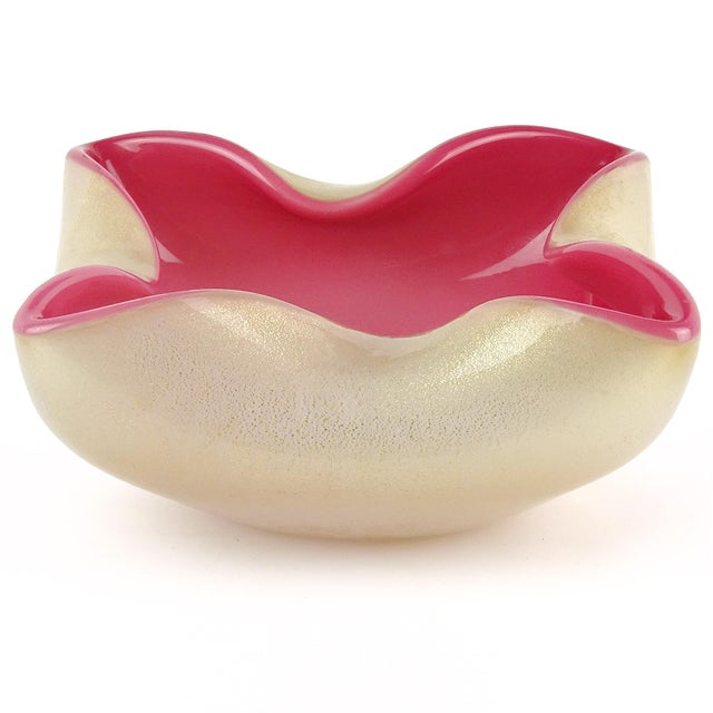 Beautiful vintage Murano hand blown white over deep pink, and gold flecks Italian art glass squared bowl, vide-poche. The...