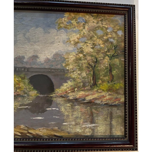 Autumn Foliage Landscape With a Stream and Bridge Oil on Board Painting For Sale In Philadelphia - Image 6 of 6