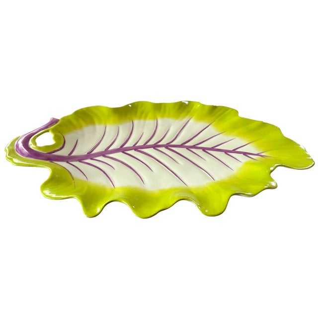 Traditional Vintage Williamsburg Global Views Majolica Radicchio-Inspired Cabbage Leaf Platter in Chartreuse & Violet For Sale - Image 3 of 9