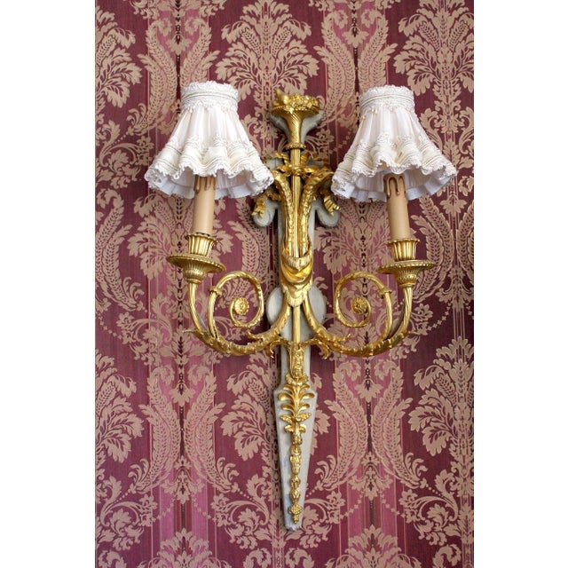 1860 French Louis XVI Gold Bronze Silk Wall Lamps Sconces 2pc- Pair For Sale - Image 13 of 18