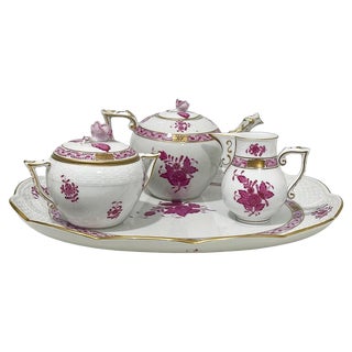 Pink Porcelain Apponyi Tea Set from Herend Hungary, 1960s, Set of 4 For Sale