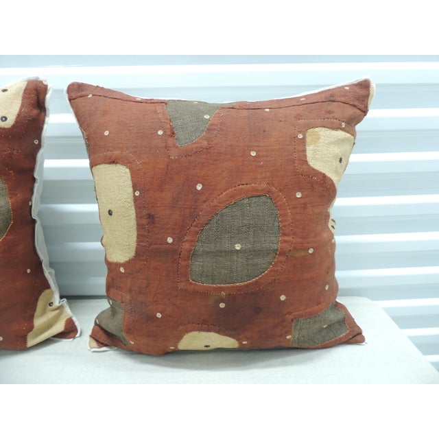 African Applique African Raffia, Patchwork and Applique Brown Decorative Pillows - Set of 2 For Sale - Image 3 of 5