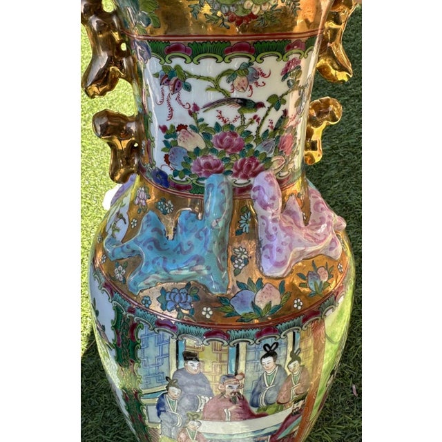 Pair of Large Antique Famille Rose Medallion Chinese Vases With Rosewood Stands For Sale - Image 9 of 18