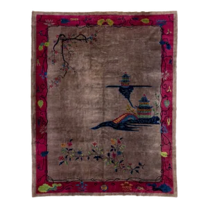 1920s Art Deco Antique Chinese Wool Rug With Floral Motif