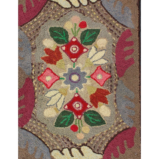 Antique American Hooked Floral Rug With Multi Colors Light Brown, Green, Yellow For Sale - Image 4 of 8