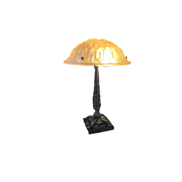 Beautiful French art deco table lamp with marble base, iron stem and geometric cut glass shade. The base dimensions are 6"...
