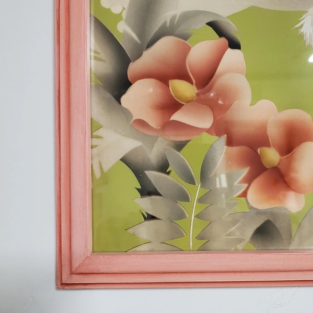 1940s Vintage Crane & Floral Prints, a Pair in Pink Frames For Sale - Image 10 of 13