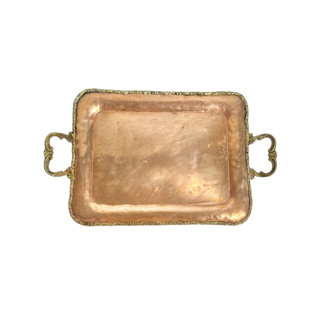 French Provincial Vintage French Provincial Brass and Copper Two Handle Serving Cocktail Tray For Sale - Image 3 of 18
