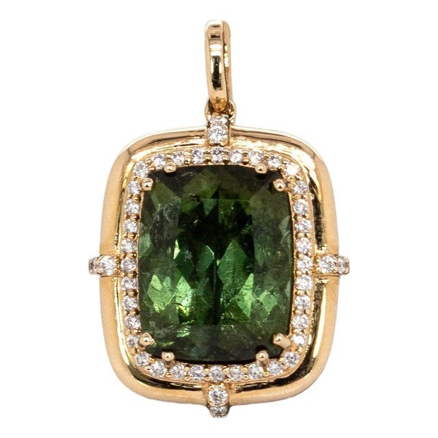 5.6cts Chrome Tourmaline Pendant With Natural Diamond Halo in Solid 14k Gold For Sale