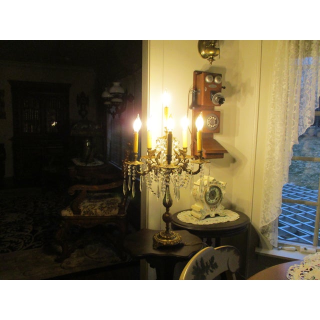 1930s Huge Heave Antique Fancy Brass Art Nouveau Lamp Crystal Prisms , Crystal Chain 6 Lights Adorned With Angel Wings For Sale - Image 13 of 13