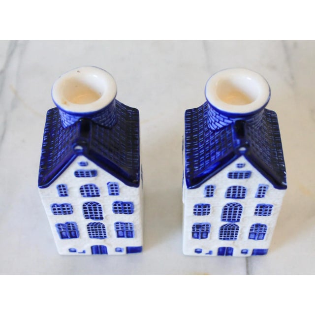Vintage Blue and White Ceramic House Candle Holders - a Pair For Sale - Image 4 of 9