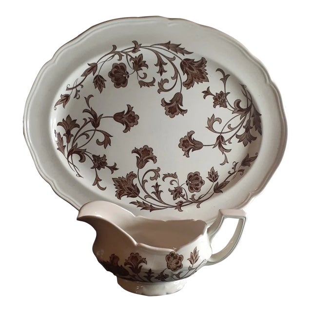 1930s Jg Meakin Ironstone England Pair of Platter & Gravy Boat Set- 2 Pieces For Sale