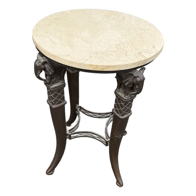 Marble Top & Metal Based End Table With Elephant Motif For Sale